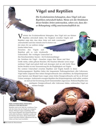 Vertreter der Evolutionstheorie behaupten, dass Vögel sich aus kleinen
Reptilien entwickelt haben. Ein Vergleich zwischen Vögeln und
Reptilien zeigt aber, dass diese Arten sich stark voneinander
unterscheiden und dass niemals eine Evolution von
der einen Art zur anderen stattge-
funden haben kann.
Zwischen den Vögeln und
Reptilien gibt es viele strukturelle
Unterschiede. Der wichtigste Unterschied ist
ihre Knochenstruktur. Saurier – für Evolutionsanhänger
die Vorfahren der Vögel – brauchen wegen ihrer Masse und ihrer
Größe starke, solide gebaute Knochen. Die Knochen lebender sowie ausge-
storbener Vögel sind jedoch hohl und deswegen sind sie sehr leicht. Diese
leichte Struktur ist eine Voraussetzung für die Flugfähigkeit von Vögeln.
Ein weiterer Unterschied zwischen Reptilien und Vögeln besteht in deren
Verdauungsapparat. Reptilien haben den langsamsten Nahrungsdurchsatz aller Lebewesen,
Vögel haben aufgrund ihres hohen Energieverbrauchs den schnellsten; die Körpertemperatur
eines Spatzen zum Beispiel kann wegen seines hohen Energieverbrauchs auf bis zu 48 Grad
Celsius ansteigen. Andererseits erzeugen Reptilien ihre Körpertemperatur nicht selbst, sondern
sie sind auf die Erwärmung durch Sonnenstrahlen angewiesen. Während Reptilien den
niedrigsten Energieverbrauch aller Lebewesen haben, verbrauchen Vögel am
meisten Energie.
Die Evolutionisten behaupten, dass Vögel sich aus
Reptilien entwickelt haben. Wenn wir die Strukturen
dieser beiden Arten untersuchen, sehen wir, dass die-
se Behauptung völlig unwissenschaftlich ist.
Vögel und Reptilien
DER UNTERSCHIED ZWISCHEN
VÖGELN UND REPTILIEN
Reptilien sind in der Welt der wirbellosen Tiere
eine der Arten, die den Vögeln am wenigsten
ähneln. Während Vögel warmblütige Tiere
sind, können Reptilien ihre Körpertemperatur
nicht selbst bestimmen. Reptilien wurden mit
der Struktur ihrer Haut, ihrem Stoffwechsel-
system und ihrem Skelett vollkommen für das
Leben auf dem Land erschaffen.
Das Ende des Darwinismus36
 