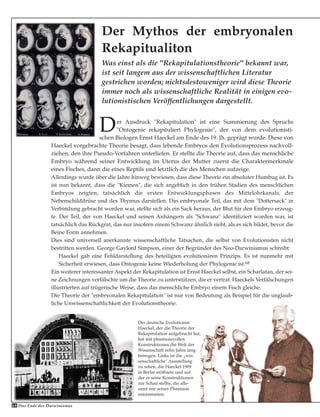 64 Das Ende des Darwinismus
Was einst als die "Rekapitulationstheorie" bekannt war,
ist seit langem aus der wissenschaftlichen Literatur
gestrichen worden; nichtsdestoweniger wird diese Theorie
immer noch als wissenschaftliche Realität in einigen evo-
lutionistischen Veröffentlichungen dargestellt.
Der Mythos der embryonalen
Rekapitualiton
Der Ausdruck "Rekapitulation" ist eine Summierung des Spruchs
"Ontogenie rekapituliert Phylogenie", der von dem evolutionisti-
schen Biologen Ernst Haeckel am Ende des 19. Jh. geprägt wurde. Diese von
Haeckel vorgebrachte Theorie besagt, dass lebende Embryos den Evolutionsprozess nachvoll-
ziehen, den ihre Pseudo-Vorfahren unterliefen. Er stellte die Theorie auf, dass das menschliche
Embryo während seiner Entwicklung im Uterus der Mutter zuerst die Charaktermerkmale
eines Fisches, dann die eines Reptils und letztlich die des Menschen aufzeige.
Allerdings wurde über die Jahre hinweg bewiesen, dass diese Theorie ein absoluter Humbug ist. Es
ist nun bekannt, dass die "Kiemen", die sich angeblich in den frühen Stadien des menschlichen
Embryos zeigten, tatsächlich die ersten Entwicklungsphasen des Mittelohrkanals, der
Nebenschilddrüse und des Thymus darstellen. Das embryonale Teil, das mit dem "Dottersack" in
Verbindung gebracht worden war, stellte sich als ein Sack heraus, der Blut für den Embryo erzeug-
te. Der Teil, der von Haeckel und seinen Anhängern als "Schwanz" identifiziert worden war, ist
tatsächlich das Rückgrat, das nur insofern einem Schwanz ähnlich sieht, als es sich bildet, bevor die
Beine Form annehmen.
Dies sind universell anerkannte wissenschaftliche Tatsachen, die selbst von Evolutionisten nicht
bestritten werden. George Gaylord Simpson, einer der Begründer des Neo-Darwinismus schreibt:
Haeckel gab eine Fehldarstellung des beteiligten evolutionären Prinzips. Es ist nunmehr mit
Sicherheit erwiesen, dass Ontogenie keine Wiederholung der Phylogenie ist.68
Ein weiterer interessanter Aspekt der Rekapitulation ist Ernst Haeckel selbst, ein Scharlatan, der sei-
ne Zeichnungen verfälschte um die Theorie zu unterstützen, die er vertrat. Haeckels Verfälschungen
illustrierten auf trügerische Weise, dass das menschliche Embryo einem Fisch gleiche.
Die Theorie der "embryonalen Rekapitulation" ist nur von Bedeutung als Beispiel für die unglaub-
liche Unwissenschaftlichkeit der Evolutionstheorie.
Der deutsche Evolutionist
Haeckel, der die Theorie der
Rekapitulation aufgebracht hat,
hat mit phantasievollen
Konstruktionen die Welt der
Wissenschaft zehn Jahre lang
betrogen. Links ist die „wis-
senschaftliche" Ausstellung
zu sehen, die Haeckel 1909
in Berlin eröffnete und auf
der er seine Konstruktionen
zur Schau stellte, die alle-
samt nur seiner Phantasie
entstammten.
 