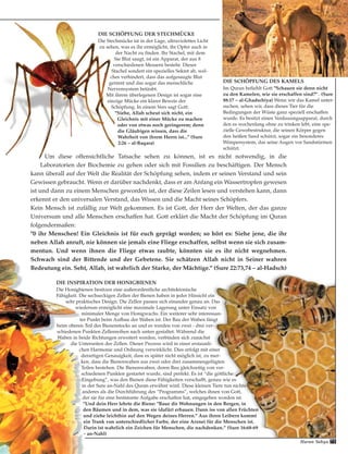 DIE SCHÖPFUNG DES KAMELS
Im Quran befiehlt Gott "Schauen sie denn nicht
zu den Kamelen, wie sie erschaffen sind?" . (Sure
88:17 – al-Ghadschiya) Wenn wir das Kamel unter-
suchen, sehen wir, dass dieses Tier für die
Bedingungen der Wüste ganz speziell erschaffen
wurde. Es besitzt einen Verdauungsapparat, durch
den es wochenlang ohne zu trinken lebt, eine spe-
zielle Gewebestruktur, die seinen Körper gegen
den heißen Sand schützt, sogar ein besonderes
Wimpersystem, das seine Augen vor Sandstürmen
schützt.
DIE SCHÖPFUNG DER STECHMÜCKE
Die Stechmücke ist in der Lage, ultraviolettes Licht
zu sehen, was es ihr ermöglicht, ihr Opfer auch in
der Nacht zu finden. Ihr Stachel, mit dem
Sie Blut saugt, ist ein Apparat, der aus 8
verschiedenen Messern besteht. Dieser
Stachel sondert ein spezielles Sekret ab, wel-
ches verhindert, dass das aufgesaugte Blut
gerinnt und das sogar das menschliche
Nervensystem betäubt.
Mit ihrem überlegenen Design ist sogar eine
einzige Mücke ein klarer Beweis der
Schöpfung. In einem Vers sagt Gott:
"Siehe, Allah scheut sich nicht, ein
Gleichnis mit einer Mücke zu machen
oder von etwas noch geringerem; denn
die Gläubigen wissen, dass die
Wahrheit von ihrem Herrn ist..." (Sure
2:26 – al-Baqara)
Um diese offensichtliche Tatsache sehen zu können, ist es nicht notwendig, in die
Laboratorien der Biochemie zu gehen oder sich mit Fossilien zu beschäftigen. Der Mensch
kann überall auf der Welt die Realität der Schöpfung sehen, indem er seinen Verstand und sein
Gewissen gebraucht. Wenn er darüber nachdenkt, dass er am Anfang ein Wassertropfen gewesen
ist und dann zu einem Menschen geworden ist, der diese Zeilen lesen und verstehen kann, dann
erkennt er den universalen Verstand, das Wissen und die Macht seines Schöpfers.
Kein Mensch ist zufällig zur Welt gekommen. Es ist Gott, der Herr der Welten, der das ganze
Universum und alle Menschen erschaffen hat. Gott erklärt die Macht der Schöpfung im Quran
folgendermaßen:
"0 ihr Menschen! Ein Gleichnis ist für euch geprägt worden; so hört es: Siehe jene, die ihr
neben Allah anruft, nie können sie jemals eine Fliege erschaffen, selbst wenn sie sich zusam-
mentun. Und wenn ihnen die Fliege etwas raubte, könnten sie es ihr nicht wegnehmen.
Schwach sind der Bittende und der Gebetene. Sie schätzen Allah nicht in Seiner wahren
Bedeutung ein. Seht, Allah, ist wahrlich der Starke, der Mächtige." (Sure 22:73,74 – al-Hadsch)
DIE INSPIRATION DER HONIGBIENEN
Die Honigbienen besitzen eine außerordentliche architektonische
Fähigkeit. Die sechseckigen Zellen der Bienen haben in jeder Hinsicht ein
sehr praktisches Design. Die Zellen passen sich einander genau an. Das
wiederum ermöglicht eine maximale Lagerung unter Einsatz von
minimaler Menge von Honigwachs. Ein weiterer sehr interessan-
ter Punkt beim Aufbau der Waben ist: Der Bau der Waben fängt
beim oberen Teil des Bienenstocks an und es werden von zwei - drei ver-
schiedenen Punkten Zellenreihen nach unten gestaltet. Während die
Waben in beide Richtungen erweitert werden, verbinden sich zunächst
die Unterseiten der Zellen. Dieser Prozess wird in einer erstaunli-
chen Harmonie und Ordnung verwirklicht. Dies erfolgt mit einer
derartigen Genauigkeit, dass es später nicht möglich ist, zu mer-
ken, dass die Bienenwaben aus zwei oder drei zusammengefügten
Teilen bestehen. Die Bienenwaben, deren Bau gleichzeitig von ver-
schiedenen Punkten gestartet wurde, sind perfekt. Es ist “die göttliche
Eingebung”, was den Bienen diese Fähigkeiten verschafft, genau wie es
in der Sure an-Nahl des Quran erwähnt wird. Diese kleinen Tiere tun nichts
anderes als die Durchführung des “Programms”, welches ihnen von Gott,
der sie für eine bestimmte Aufgabe erschaffen hat, eingegeben worden ist.
“Und dein Herr lehrte die Biene: "Baue dir Wohnungen in den Bergen, in
den Bäumen und in dem, was sie (dafür) erbauen. Dann iss von allen Früchten
und ziehe leichthin auf den Wegen deines Herren." Aus ihren Leibern kommt
ein Trank von unterschiedlicher Farbe, der eine Arznei für die Menschen ist.
Darin ist wahrlich ein Zeichen für Menschen, die nachdenken.” (Sure 16:68-69
- an-Nahl)
71Harun Yahya
 