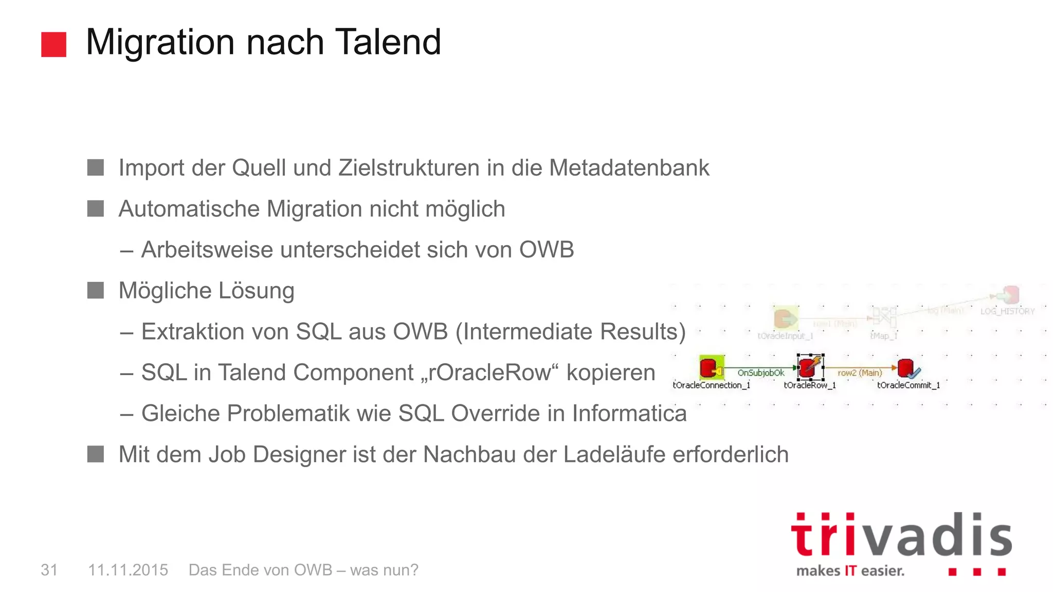 Migration nach Talend
Das Ende von OWB – was nun?31 11.11.2015
Import der Quell und Zielstrukturen in die Metadatenbank
Automatische Migration nicht möglich
– Arbeitsweise unterscheidet sich von OWB
Mögliche Lösung
– Extraktion von SQL aus OWB (Intermediate Results)
– SQL in Talend Component „rOracleRow“ kopieren
– Gleiche Problematik wie SQL Override in Informatica
Mit dem Job Designer ist der Nachbau der Ladeläufe erforderlich
 