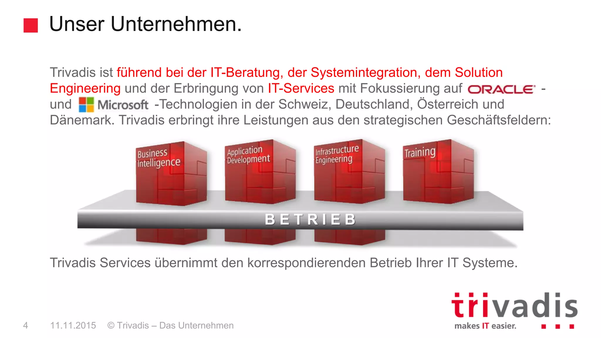 Unser Unternehmen.
© Trivadis – Das Unternehmen4 11.11.2015
Trivadis ist führend bei der IT-Beratung, der Systemintegration, dem Solution
Engineering und der Erbringung von IT-Services mit Fokussierung auf -
und -Technologien in der Schweiz, Deutschland, Österreich und
Dänemark. Trivadis erbringt ihre Leistungen aus den strategischen Geschäftsfeldern:
Trivadis Services übernimmt den korrespondierenden Betrieb Ihrer IT Systeme.
B E T R I E B
 