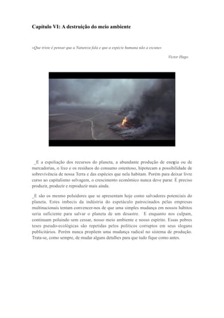 Capítulo VI: A destruição do meio ambiente
«Que triste é pensar que a Natureza fala e que a espécie humana não a escuta»
Victor Hugo
_E a espoliação dos recursos do planeta, a abundante produção de energia ou de
mercadorias, o lixo e os resíduos do consumo ostentoso, hipotecam a possibilidade de
sobrevivência de nossa Terra e das espécies que nela habitam. Porém para deixar livre
curso ao capitalismo selvagem, o crescimento econômico nunca deve parar. É preciso
produzir, produzir e reproduzir mais ainda.
_E são os mesmo poluidores que se apresentam hoje como salvadores potenciais do
planeta. Estes imbecis da indústria do espetáculo patrocinados pelas empresas
multinacionais tentam convencer-nos de que uma simples mudança em nossos hábitos
seria suficiente para salvar o planeta de um desastre. E enquanto nos culpam,
continuam poluindo sem cessar, nosso meio ambiente e nosso espírito. Essas pobres
teses pseudo-ecológicas são repetidas pelos políticos corruptos em seus slogans
publicitários. Porém nunca propõem uma mudança radical no sistema de produção.
Trata-se, como sempre, de mudar alguns detalhes para que tudo fique como antes.
 