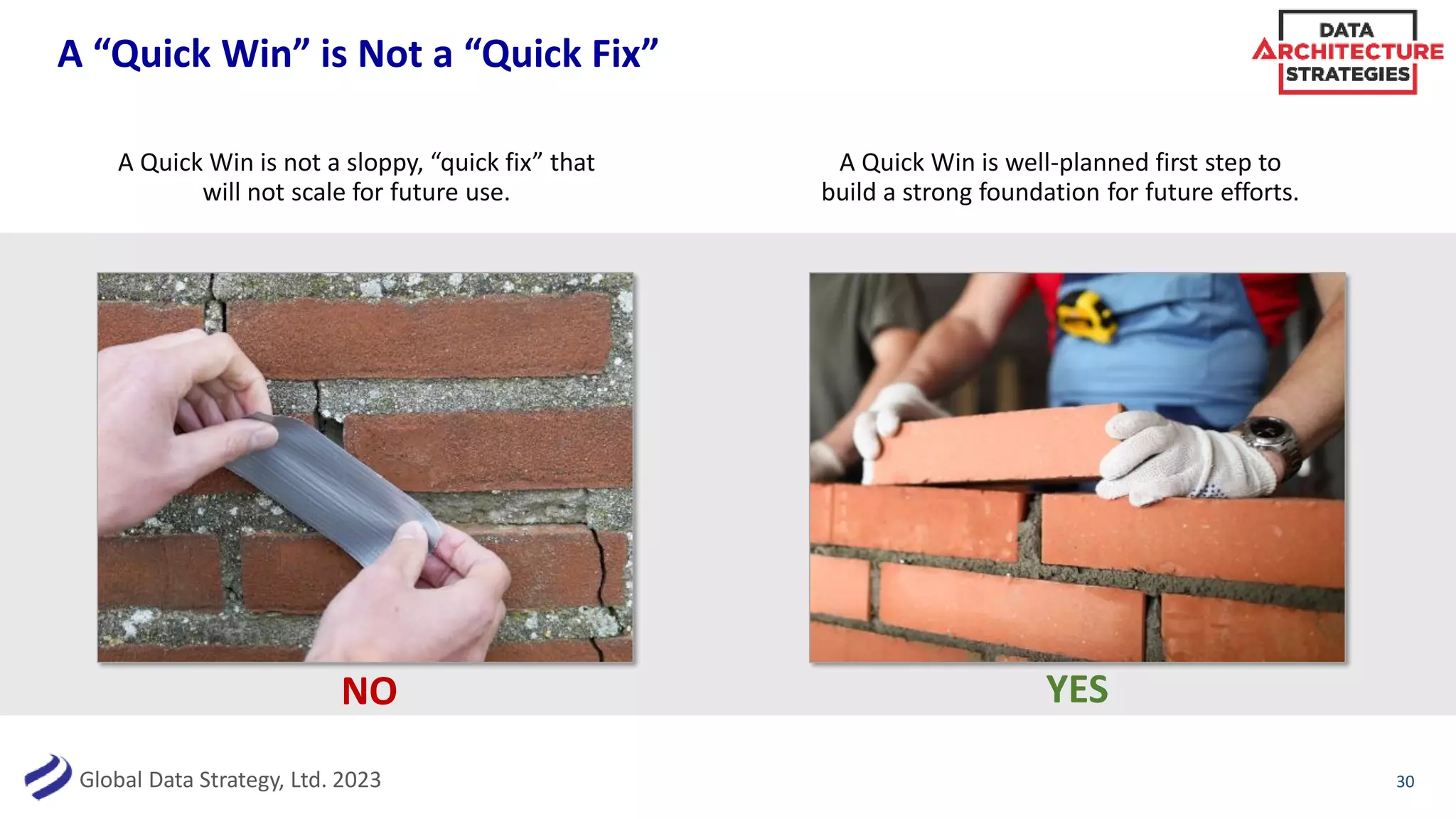 Global Data Strategy, Ltd. 2023
A “Quick Win” is Not a “Quick Fix”
30
A Quick Win is not a sloppy, “quick fix” that
will not scale for future use.
A Quick Win is well-planned first step to
build a strong foundation for future efforts.
NO YES
 