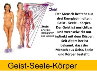 Der Mensch besteht aus drei Energieeinheiten: Geist - Seele - Körper. Der Geist ist unsichtbar und wechselwirkt nur indirekt mit dem Körper.  Seit Alters her ist bekannt, dass der Mensch aus Geist, Seele und Körper besteht .  Geist-Seele-Körper 