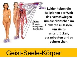 Leider haben die Religionen der Welt das  verschwiegen um die Menschen im Unklaren zu lassen, um sie zu unterdrücken, auszubeuten und zu beherrschen. Geist-Seele-Körper 