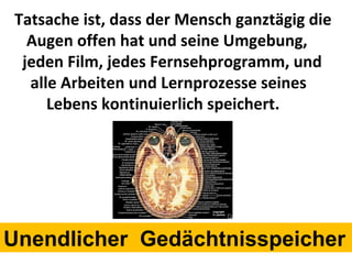Tatsache ist, dass der Mensch ganztägig die  Augen offen hat und seine Umgebung,  jeden Film, jedes Fernsehprogramm, und  alle Arbeiten und Lernprozesse seines  Lebens kontinuierlich speichert.  Unendlicher  Gedächtnisspeicher 
