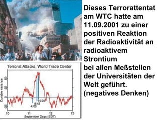 Dieses Terrorattentat am WTC hatte am 11.09.2001 zu einer positiven Reaktion der Radioaktivität an radioaktivem Strontium bei allen Meßstellen der Universitäten der Welt geführt.  (negatives Denken) 