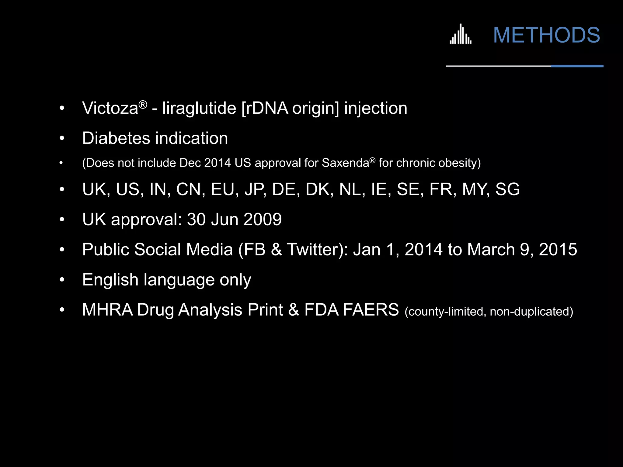 • Victoza® - liraglutide [rDNA origin] injection
• Diabetes indication
• (Does not include Dec 2014 US approval for Saxenda® for chronic obesity)
• UK, US, IN, CN, EU, JP, DE, DK, NL, IE, SE, FR, MY, SG
• UK approval: 30 Jun 2009
• Public Social Media (FB & Twitter): Jan 1, 2014 to March 9, 2015
• English language only
• MHRA Drug Analysis Print & FDA FAERS (county-limited, non-duplicated)
15
• DESCRIPTIVE METHODS
 