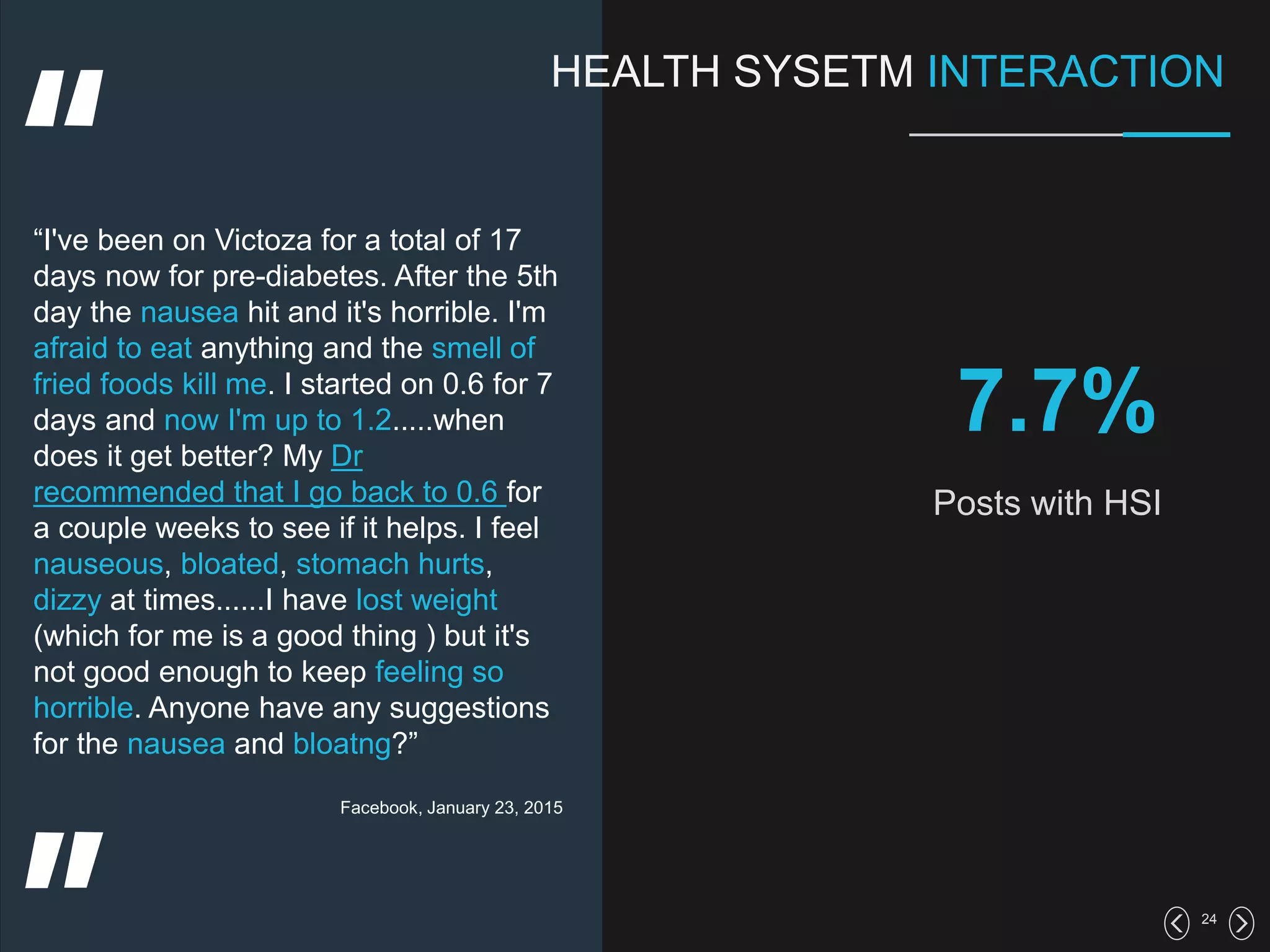 24
7.7%
Posts with HSI
“I've been on Victoza for a total of 17
days now for pre-diabetes. After the 5th
day the nausea hit and it's horrible. I'm
afraid to eat anything and the smell of
fried foods kill me. I started on 0.6 for 7
days and now I'm up to 1.2.....when
does it get better? My Dr
recommended that I go back to 0.6 for
a couple weeks to see if it helps. I feel
nauseous, bloated, stomach hurts,
dizzy at times......I have lost weight
(which for me is a good thing ) but it's
not good enough to keep feeling so
horrible. Anyone have any suggestions
for the nausea and bloatng?”
Facebook, January 23, 2015
HEALTH SYSETM INTERACTION
 
