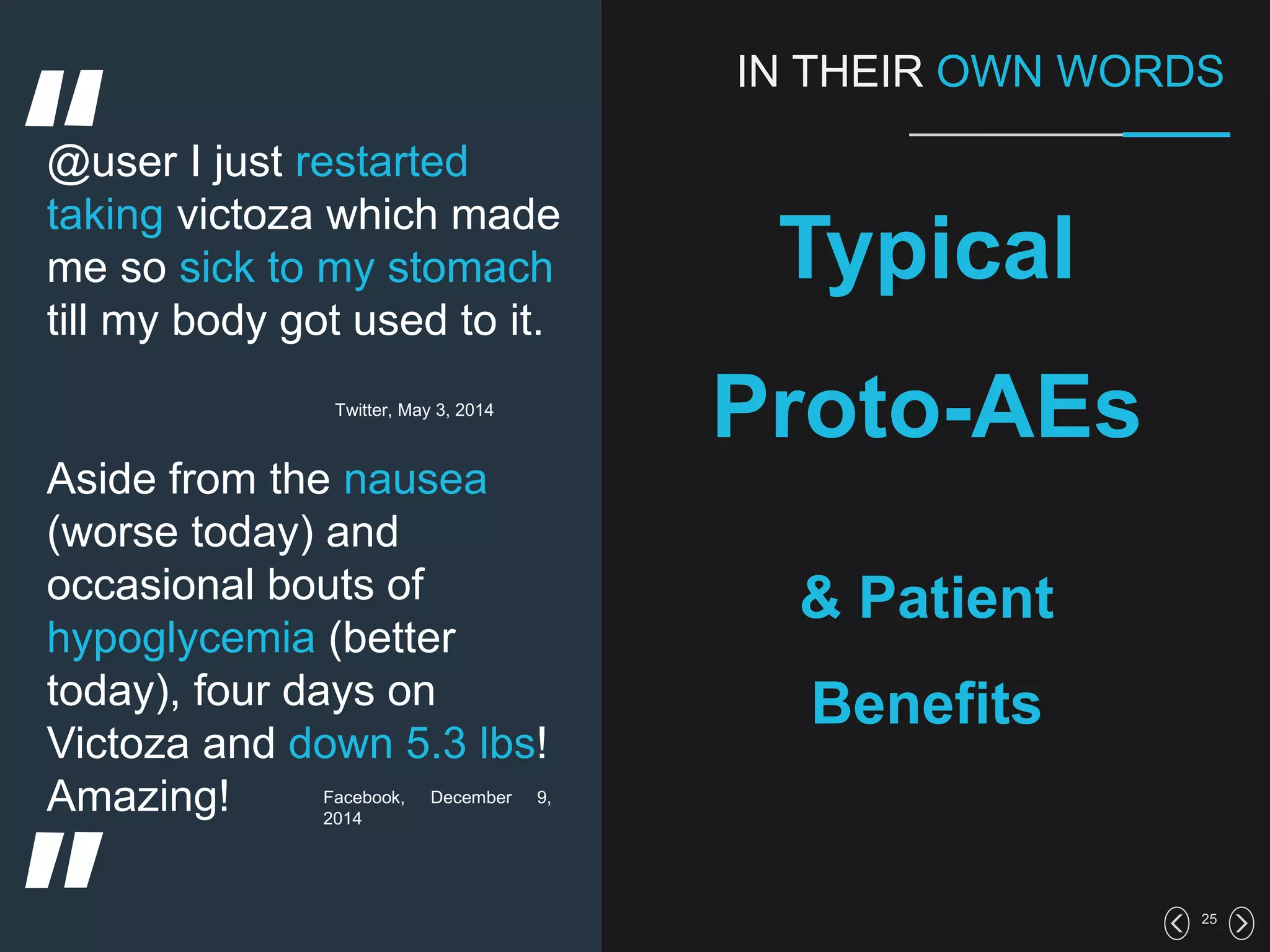 25
IN THEIR OWN WORDS
Typical
Proto-AEs
& Patient
Benefits
@user I just restarted
taking victoza which made
me so sick to my stomach
till my body got used to it.
Aside from the nausea
(worse today) and
occasional bouts of
hypoglycemia (better
today), four days on
Victoza and down 5.3 lbs!
Amazing!
Twitter, May 3, 2014
Facebook, December 9,
2014
 