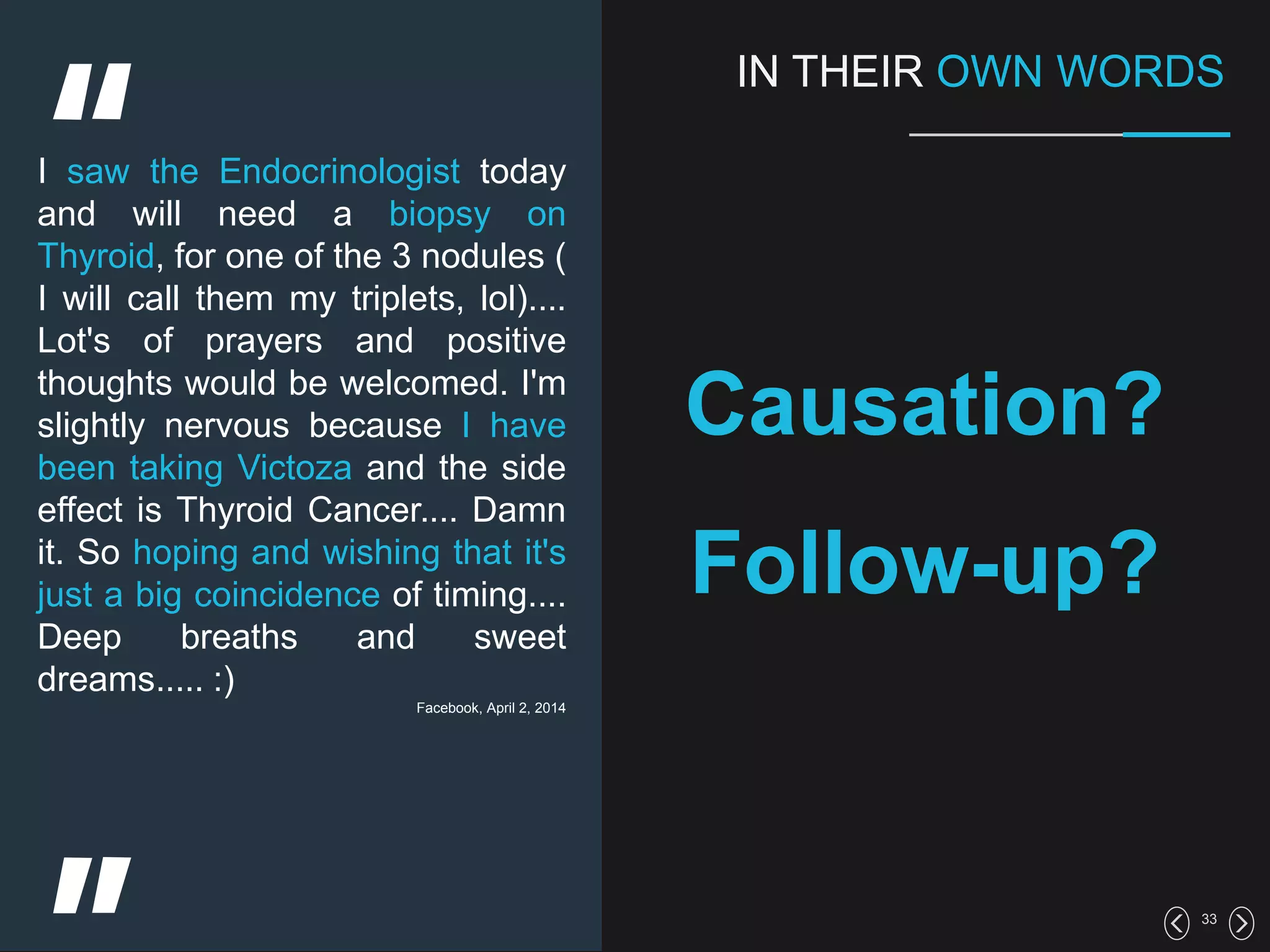 33
IN THEIR OWN WORDS
Causation?
Follow-up?
I saw the Endocrinologist today
and will need a biopsy on
Thyroid, for one of the 3 nodules (
I will call them my triplets, lol)....
Lot's of prayers and positive
thoughts would be welcomed. I'm
slightly nervous because I have
been taking Victoza and the side
effect is Thyroid Cancer.... Damn
it. So hoping and wishing that it's
just a big coincidence of timing....
Deep breaths and sweet
dreams..... :)
Facebook, April 2, 2014
 