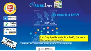 DISIT Lab, Distributed Data Intelligence and Technologies
Distributed Systems and Internet Technologies
Department of Information Engineering (DINFO)
http://www.disit.dinfo.unifi.it
1
LIVING LAB
Be smart in a SNAP!
2nd Day, Dashboards, Nov 2019, Florence
https://www.snap4city.org/501
 