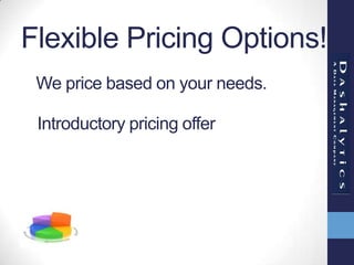 We price based on your needs.
Flexible Pricing Options!
Introductory pricing offer
 