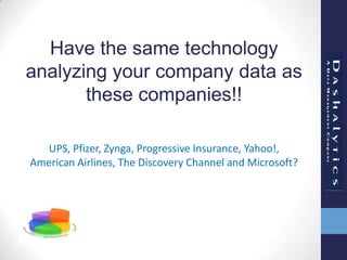 Have the same technology
analyzing your company data as
these companies!!
UPS, Pfizer, Zynga, Progressive Insurance, Yahoo!,
American Airlines, The Discovery Channel and Microsoft?
 