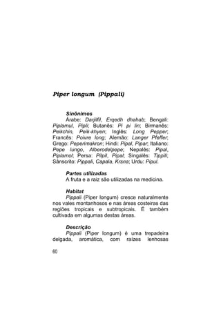 Piper longum (Pippali)


     Sinônimos
     Árabe: Darjilfil, Erqedh dhahab; Bengali:
Piplamul, Pipli; Butanês: Pi pi lin; Birmanês:
Peikchin, Peik-khyen; Inglês: Long Pepper;
Francês: Poivre long; Alemão: Langer Pfeffer;
Grego: Peperimakron; Hindi: Pipal, Pipar; Italiano:
Pepe lungo, Alberodelpepe; Nepalês: Pipal,
Piplamol; Persa: Pilpil, Pipal; Singalês: Tippili;
Sânscrito: Pippali, Capala, Krsna; Urdu: Pipul.

     Partes utilizadas
     A fruta e a raiz são utilizadas na medicina.

      Habitat
      Pippali (Piper longum) cresce naturalmente
nos vales montanhosos e nas áreas costeiras das
regiões tropicais e subtropicais. É também
cultivada em algumas destas áreas.

     Descrição
     Pippali (Piper longum) é uma trepadeira
delgada, aromática, com raízes lenhosas

60
 