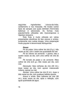 seguintes      ingredientes:    cravos-da-índia,
cardamomo e noz moscada. Há muitos outros
tipos de xaropes aos quais bibhitaki (Terminalia
belerica) é adicionada. As formas mais
popularmente utilizadas são Cyavanaprasa e
Agastya rasayana.
      Esta fruta é muito utilizada em várias
preparações alcoólicas do tipo asavas e aristas,
juntamente com outras drogas. Uma preparação
muito popular é denominada Abhayarista.

      Doses
      Pó da polpa: Uma colher de chá (5 g.), três
vezes ao dia, com o dobro da quantidade de mel.
      Pó do interior da semente: 1 grama, três a
quatro vezes ao dia, com uma colher de chá de
mel.
      Pó torrado da polpa e da semente: Meia
colher de chá (2,5 g.), três vezes por dia, com
mel.
      Decocção: Seis colheres de chá (30 ml.),
duas vezes ao dia, com açúcar mascavado
indiano, açúcar ou mel.
      Xarope: Uma colher de chá (5 ml.), duas a
três vezes ao dia, com qualquer bebida quente.
      Asava e arista: Seis colheres de chá (30
ml.), duas vezes ao dia, após a refeição, com
igual quantidade de água.


78
 