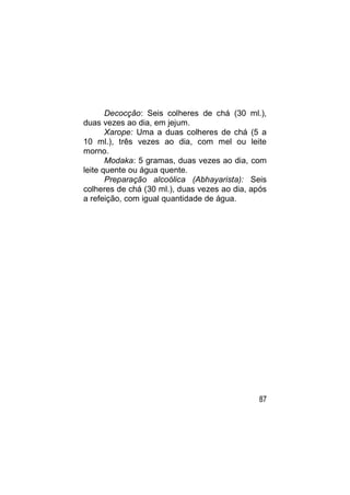 Decocção: Seis colheres de chá (30 ml.),
duas vezes ao dia, em jejum.
       Xarope: Uma a duas colheres de chá (5 a
10 ml.), três vezes ao dia, com mel ou leite
morno.
       Modaka: 5 gramas, duas vezes ao dia, com
leite quente ou água quente.
       Preparação alcoólica (Abhayarista): Seis
colheres de chá (30 ml.), duas vezes ao dia, após
a refeição, com igual quantidade de água.




                                               87
 