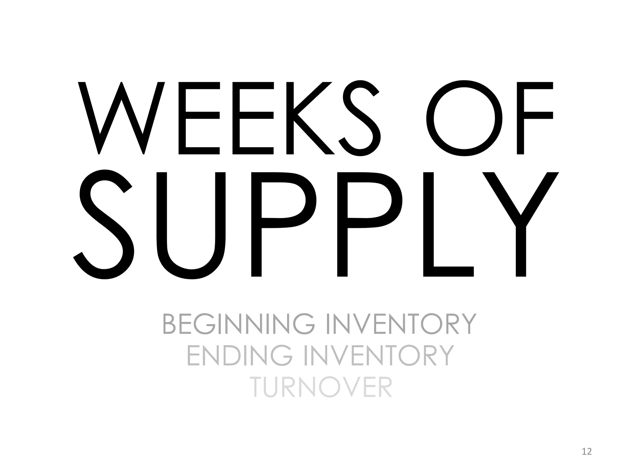 WEEKS OF
SUPPLY
 BEGINNING INVENTORY
   ENDING INVENTORY
       TURNOVER

                       12
 
