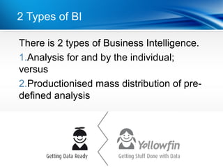 2 Types of BI

There is 2 types of Business Intelligence.
Point for and by the individual;
1.Analysis
•Dot 1
versus
•Dot 2
2.Productionised mass distribution of pre-
defined analysis
 