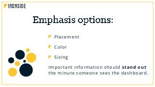 Placement
Color
Sizing
Important information should stand out
the minute someone sees the dashboard.
 
