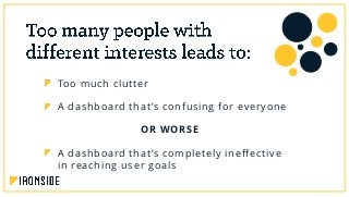 Too much clutter
A dashboard that’s confusing for everyone
OR WORSE
A dashboard that’s completely ineffective
in reaching user goals
 