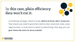 A marketing manager needs to know where to focus their resources.
That means you need to give them metrics like conversion rates, sales
opportunities, or how much is spent on advertising. That way, you can
give them the tools to be successful.
 