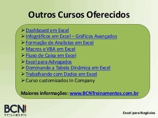 Excel para Negócios
Dashboard em Excel
Infográficos em Excel – Gráficos Avançados
Formação de Analistas em Excel
Macros e VBA em Excel
Fluxo de Caixa em Excel
Excel para Advogados
Dominando a Tabela Dinâmica em Excel
Trabalhando com Dados em Excel
Curso customizados In Company
Maiores informações: www.BCNTreinamentos.com.br
Outros Cursos Oferecidos
 