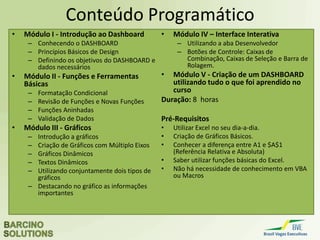 Excel para Negócios
Conteúdo Programático
• Módulo I - Introdução ao Dashboard
– Conhecendo o DASHBOARD
– Princípios Básicos de Design
– Definindo os objetivos do DASHBOARD e
dados necessários
• Módulo II - Funções e Ferramentas
Básicas
– Formatação Condicional
– Revisão de Funções e Novas Funções
– Funções Aninhadas
– Validação de Dados
• Módulo III - Gráficos
– Introdução a gráficos
– Criação de Gráficos com Múltiplo Eixos
– Gráficos Dinâmicos
– Textos Dinâmicos
– Utilizando conjuntamente dois tipos de
gráficos
– Destacando no gráfico as informações
importantes
• Módulo IV – Interface Interativa
– Utilizando a aba Desenvolvedor
– Botões de Controle: Caixas de
Combinação, Caixas de Seleção e Barra de
Rolagem.
• Módulo V - Criação de um DASHBOARD
utilizando tudo o que foi aprendido no
curso
Duração: 8 horas
Pré-Requisitos
• Utilizar Excel no seu dia-a-dia.
• Criação de Gráficos Básicos.
• Conhecer a diferença entre A1 e $A$1
(Referência Relativa e Absoluta)
• Saber utilizar funções básicas do Excel.
• Não há necessidade de conhecimento em VBA
ou Macros
 