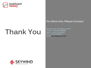 Thank You
For More Info, Please Contact:
Iliya Ruvinsky, Managing Partner
mobile: + (972) 52 4640067
office: + (972) 775-621927
fax: + (972) 9-8987357
email: iliya.r@skywind.com
 