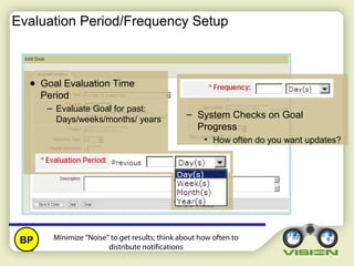 8
Evaluation Period/Frequency Setup
– System Checks on Goal
Progress
• How often do you want updates?
Minimize “Noise” to get results; think about how often to
distribute notifications
BP
● Goal Evaluation Time
Period
– Evaluate Goal for past:
Days/weeks/months/ years
 