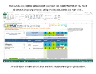 Use our macro-enabled spreadsheet to extract the exact information you need
to benchmark your portfolio’s CSR performance, either at a high-level…
…or drill-down into the details that are most important to you – you can see…
 