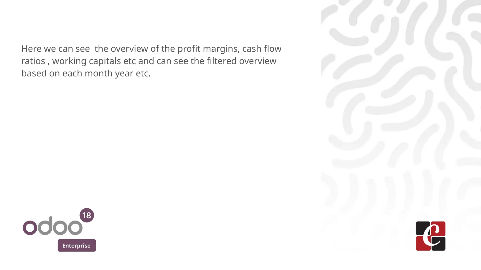 Enterprise
Here we can see the overview of the profit margins, cash flow
ratios , working capitals etc and can see the filtered overview
based on each month year etc.
 