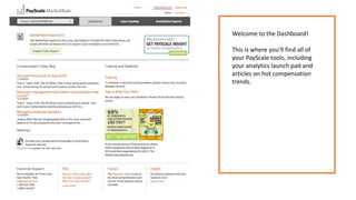 Welcome to the Dashboard!
This is where you’ll find all of
your PayScale tools, including
your analytics launch pad and
articles on hot compensation
trends.
 