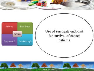 Priority Fast Track
Accelerated Breakthrough
Review
Use of surrogate endpoint
for survival of cancer
patients
 