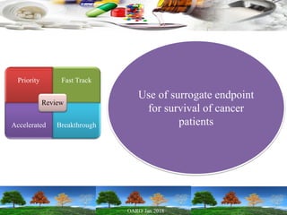 Priority Fast Track
Accelerated Breakthrough
Review
Use of surrogate endpoint
for survival of cancer
patients
 