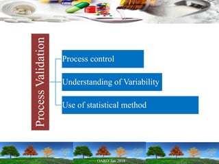 ProcessValidation
Process control
Understanding of Variability
Use of statistical method
 