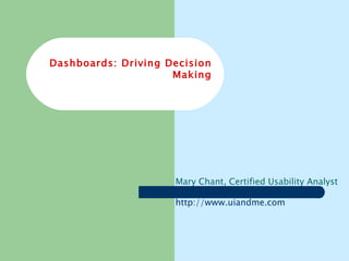 Dashboards: Driving Decision Making Mary Chant, Certified Usability Analyst http:// www.uiandme.com 
