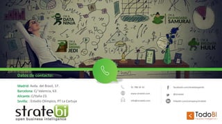 facebook.com/stratebiopenbi
@stratebi
linkedin.com/company/stratebi
Datos de contacto:
Madrid: Avda. del Brasil, 17.
Barcelona: C/ Valencia, 63.
Alicante: C/Italia 23.
Sevilla: : Estadio Olímpico, PT La Cartuja
91 788 34 10
www.stratebi.com
info@stratebi.com
 