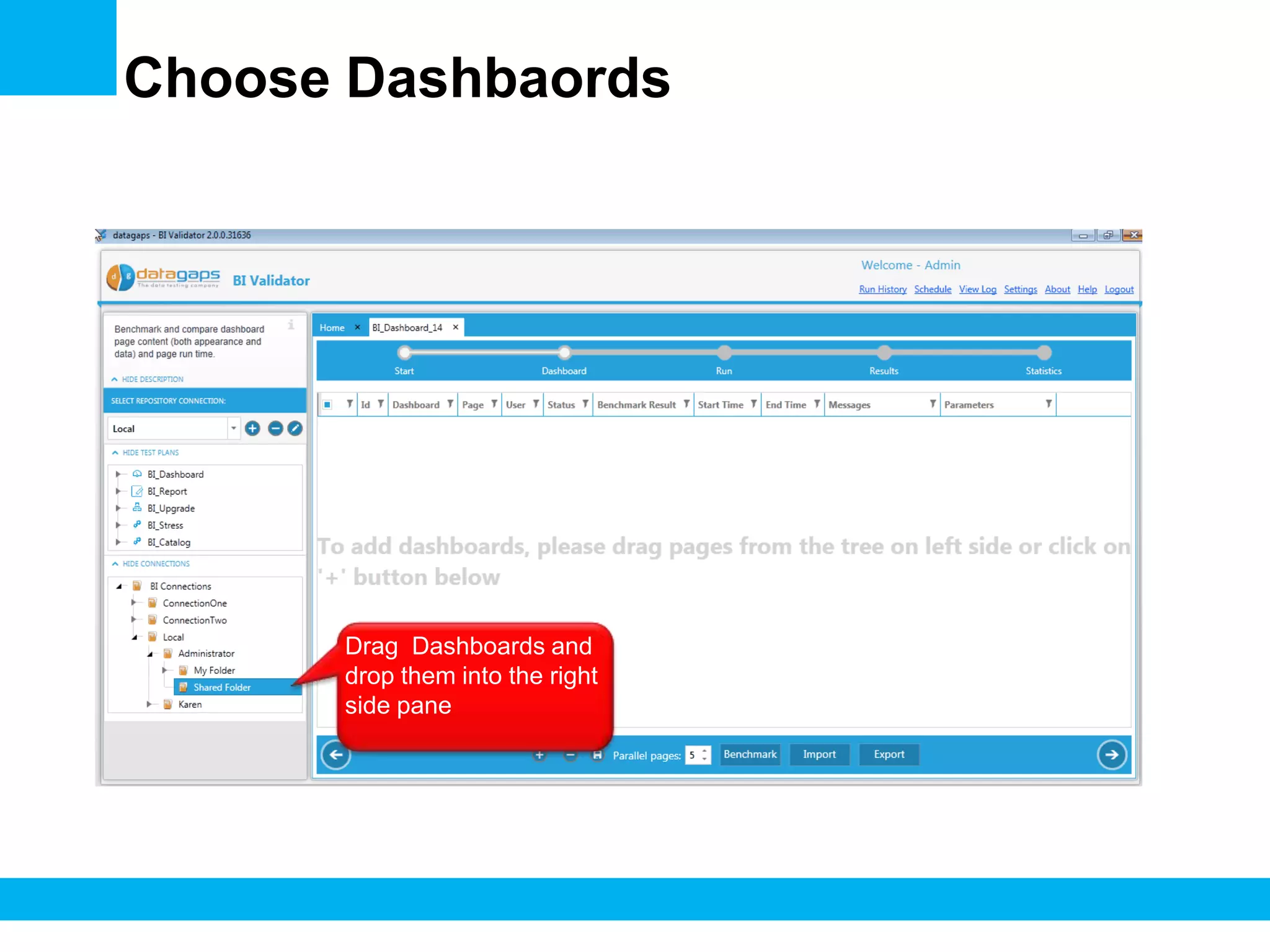 Choose Dashbaords

Drag Dashboards and
drop them into the right
side pane

 