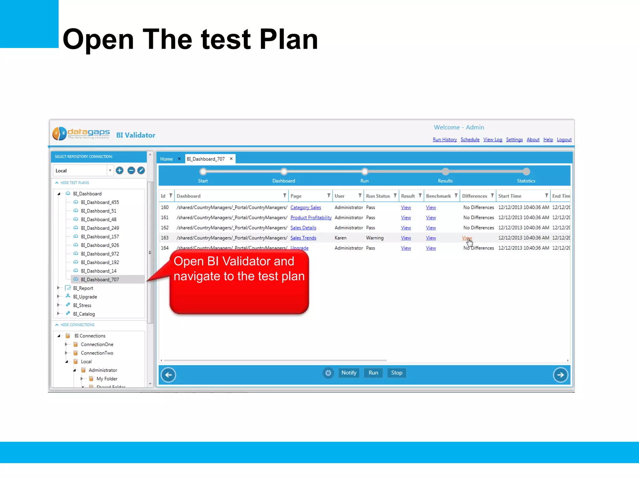 Open The test Plan

Open BI Validator and
navigate to the test plan

 