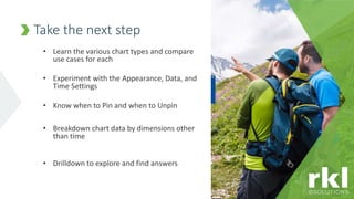 • Learn the various chart types and compare
use cases for each
• Experiment with the Appearance, Data, and
Time Settings
• Know when to Pin and when to Unpin
• Breakdown chart data by dimensions other
than time
• Drilldown to explore and find answers
Take the next step
 