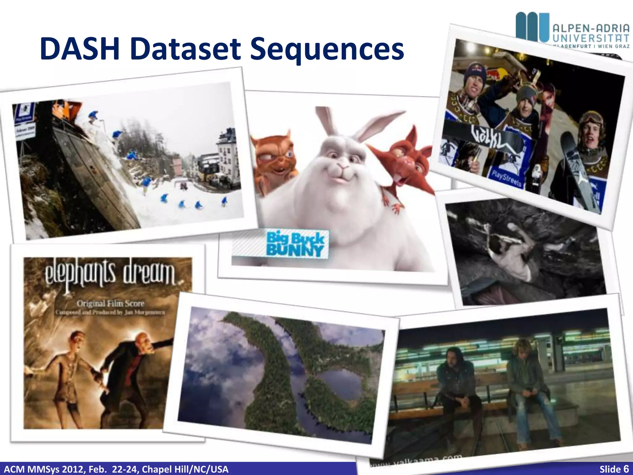 DASH Dataset Sequences




ACM MMSys 2012, Feb. 22-24, Chapel Hill/NC/USA   Slide 6
 
