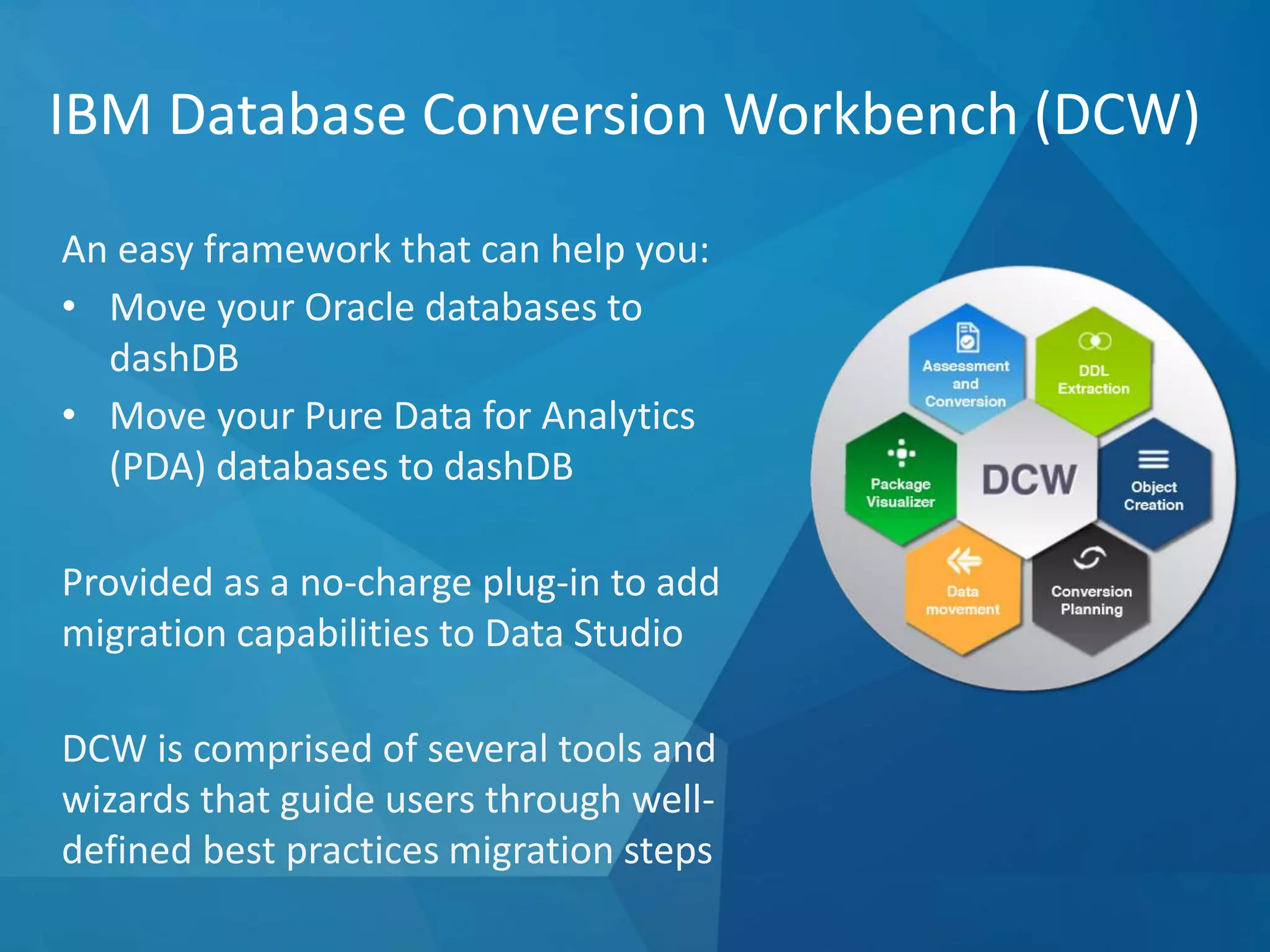 IBM Database Conversion Workbench (DCW)
An easy framework that can help you:
• Move your Oracle databases to
dashDB
• Move your Pure Data for Analytics
(PDA) databases to dashDB
Provided as a no-charge plug-in to add
migration capabilities to Data Studio
DCW is comprised of several tools and
wizards that guide users through well-
defined best practices migration steps
 