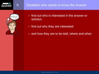 www.dashdot.co.uk
6. Establish who needs to know the Answer
– find out who is interested in the answer or
solution
– find out why they are interested
– and how they are to be told, where and when
 