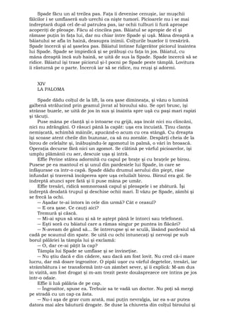 Spade făcu un al treilea pas. Faţa îi devenise cenuşie, iar muşchii 
fălcilor i se umflaseră sub urechi ca nişte tumori. Picioarele nu i se mai 
îndreptară după cel de-al patrulea pas, iar ochii tulburi îi fură aproape 
acoperiţi de pleoape. Făcu al cincilea pas. Băiatul se apropie de el şi 
rămase puţin în faţa lui, dar nu chiar între Spade şi uşă. Mâna dreaptă a 
băiatului se afla în haină, deasupra inimii. Colţurile buzelor îi tresăriră. 
Spade încercă şi al şaselea pas. Băiatul întinse fulgerător piciorul înaintea 
lui Spade. Spade se împiedică şi se prăbuşi cu faţa în jos. Băiatul, cu 
mâna dreaptă încă sub haină, se uită de sus la Spade. Spade încercă să se 
ridice. Băiatul îşi trase piciorul şi-l pocni pe Spade peste tâmplă. Lovitura 
îi răsturnă pe o parte. Încercă iar să se ridice, nu reuşi şi adormi. 
XIV 
LA PALOMA 
Spade dădu colţul de la lift, la ora şase dimineaţa, şi văzu o lumină 
galbenă strălucind prin geamul jivrat al biroului său. Se opri brusc, îşi 
strânse buzele, se uită de jos în sus şi înainta spre uşă cu paşi mari rapizi 
şi tăcuţi. 
Puse mâna pe clanţă şi o întoarse cu grijă, aşa încât nici nu clincăni, 
nici nu zdrăngăni. O răsuci până la capăt: uşa era încuiată. Ţinu clanţa 
nemişcată, schimbă mâinile, apucând-o acum cu cea stângă. Cu dreapta 
îşi scoase atent cheile din buzunar, ca să nu zornăie. Despărţi cheia de la 
birou de celelalte şi, înăbuşindu-le zgomotul în palmă, o vârî în broască. 
Operaţia decurse fără nici un zgomot. Se clătină pe vârful picioarelor, îşi 
umplu plămânii cu aer, descuie uşa şi intră. 
Effie Perine stătea adormită cu capul pe braţe şi cu braţele pe birou. 
Pusese pe ea mantoul ei şi unul din pardesiele lui Spade, în care se 
înfăşurase ca într-o capă. Spade dădu drumul aerului din piept, râse 
înfundat şi traversă încăperea spre uşa celuilalt birou. Biroul era gol. Se 
îndreptă atunci spre fată şi îi puse mâna pe umăr. 
Effie tresări, ridică somnoroasă capul şi pleoapele i se zbătură. Îşi 
îndreptă deodată trupul şi deschise ochii mari. Îl văzu pe Spade, zâmbi şi 
se frecă la ochi. 
― Aşadar te-ai întors în cele din urmă? Cât e ceasul? 
― E ora şase. Ce cauţi aici? 
Tremură şi căscă. 
― Mi-ai spus să stau şi să te aştept până le întorci sau telefonezi. 
― Eşti soră cu băiatul care a rămas singur pe puntea în flăcări? 
― N-aveam de gând să... Se întrerupse şi se sculă, lăsând pardesiul să 
cadă pe scaunul din spate. Se uită cu ochi întunecaţi şi nervoşi pe sub 
borul pălăriei la tâmpla lui şi exclamă: 
― O, dar ce-ai păţit la cap? 
Tâmpla lui Spade se umflase şi se învineţise. 
― Nu ştiu dacă e din cădere, sau dacă am fost lovit. Nu cred că-i mare 
lucru, dar mă doare îngrozitor. O pipăi uşor cu vârful degetelor, tresări, iar 
strâmbătura i se transformă într-un zâmbet sever, şi îi explică: M-am dus 
în vizită, am fost drogat şi m-am trezit peste douăsprezece ore întins pe jos 
într-o odaie. 
Effie îi luă pălăria de pe cap. 
― Îngrozitor, spuse ea. Trebuie sa te vadă un doctor. Nu poţi să mergi 
pe stradă cu un cap ca ăsta. 
― Nu-i aşa de grav cum arată, mai puţin nevralgia, iar ea s-ar putea 
datora mai ales băuturii drogate. Se duse la chiuveta din colţul biroului şi 
 