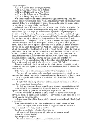 porţiunea lipsă: 
6.17 a.m. Tahiti de la Sidney şi Papeete. 
6.05 a.m. Amiral Peoples de la Astoria. 
8.07 a.m. Caddopeak de la San Pedro. 
8.05 a.m. La Paloma de la Hong Kong. 
9,03 a.m. Daisy Gray de la Seattle. 
Citi lista încet şi când termină trase cu unghia sub Hong Kong, tăie 
lista de sosiri cu briceagul, puse restul ziarului împreună cu foaia lui Cairo 
în coşul de hârtii şi se întoarse în birou. Se aşeza la masa de lucru, căută 
un număr în cartea de telefon şi-l formă. 
― Dă-mi, te rog, Kearny, unu, patru, zero, unu... Unde a tras vasul La 
Paloma, care a sosit ieri dimineaţă de la Hong Kong? Repetă întrebarea. ― 
Mulţumesc. Apăsă o clipă pe întrerupător, apoi ridică degetul şi spuse: 
Dă-mi, te rog, Davenport, doi, zero, doi, zero... Biroul de detectivi, vă rog... 
E acolo sergentul Polhaus?... Mulţumesc... Salut, Tom, aici e Sam Spade... 
Da, am încercat să te găsesc ieri după-amiază... Fireşte. Ce-ar fi să iei 
masa cu mine?... În regulă. Ţinu receptorul la ureche în timp ce forma alt 
număr cu degetul mare. ― Davenport. Dă-mi, te rog, zero, unu, şapte, 
zero... Salut, aici e Sam Spade. Secretara mea a primit un mesaj telefonic 
că vrea să mă vadă domnul Bryan. Vreţi să-l întrebaţi la ce oră îi convine 
să mă primească?... Da, Spade, S-p-a-d-e. Pauză lungă. ― Da... La două şi 
jumătate? Foarte bine. Vă mulţumesc. Făcu al patrulea număr şi zise: Alo, 
scumpo, dă-mi-l, te rog, pe Sid... Alo, Sid, aici Sam. Am o întâlnire cu 
procurorul la două şi jumătate după-amiază. Vrei să mă cauţi la telefon 
aici, sau acolo pe la patru, doar ca să vezi dacă n-am intrat în vreo 
încurcătură?... Dă dracului partida ta de golf de sâmbătă după-amiaza. Ai 
datorie să nu mă laşi să intru la zdup... În regulă, Sid. Salut! 
Împinse telefonul, căscă, se întinse, îşi pipăi tâmpla învineţită, se uită 
la ceas, îşi răsuci o ţigară şi o aprinse. Fuma somnoros până la venirea lui 
Effie Perine. 
Effie Perine intră zâmbitoare, cu ochi strălucitori şi roz la faţă. 
― Ted zice că s-ar putea să fie adevărat, raportă ea, şi speră că nu se 
înşeală. Zice că nu-i specialist în acest domeniu, dar numele şi datele sunt 
corecte şi cel puţin nici unul din autorii citaţi nu e inventat. E foarte 
entuziasmat. 
― E splendid, atât timp cât nu se entuziasmează prea mult ca să nu-şi 
mai dea seama dacă-i escrocherie. 
― O, Ted nu-i în stare de aşa ceva! E prea priceput în specialitatea lui! 
― Mda! Toată blestemata asta de familie Perine e nemaipomenită, zise 
Spade, inclusiv tu şi pata aia de funingine de pe nasul tău. 
― Vărul meu nu e un Perine, ci un Christy. Îşi aplecă fruntea să-şi 
privească nasul în oglinda din pudrieră. ― Se vede că m-am pătat de la foc. 
Frecă pata cu colţul batistei. 
― Entuziasmul familiilor Perine şi Christy a incendiat hotelul Barkeley? 
o întrebă el. 
Effie se strâmbă la el, în timp ce-şi tampona nasul cu un puf roz. 
― Ardea un vapor când m-am întors. Îl trăgeau afară din docuri şi 
fumul a trecut peste ferry-boat-ul nostru. 
Spade puse mâinile pe braţele fotoliului ei. 
― Ai fost destul de aproape ea să vezi cum se numea vasul? 
― Da. La Paloma. De ce? 
Spade spuse cu regret: 
― Să mă ia naiba dacă ştiu dece, surioaro, zise el. 
 