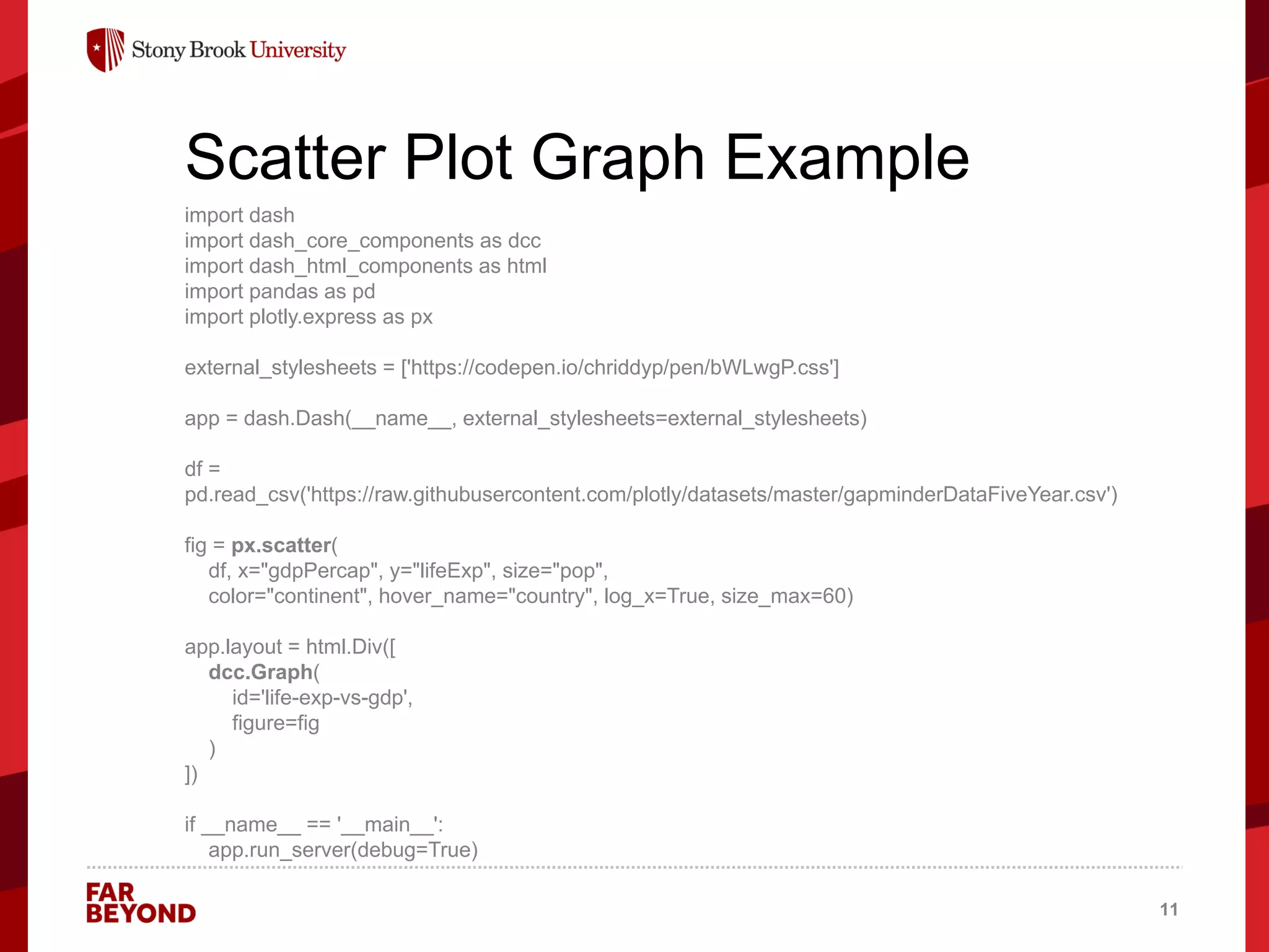 ‘
Scatter Plot Graph Example
import dash
import dash_core_components as dcc
import dash_html_components as html
import pandas as pd
import plotly.express as px
external_stylesheets = ['https://codepen.io/chriddyp/pen/bWLwgP.css']
app = dash.Dash(__name__, external_stylesheets=external_stylesheets)
df =
pd.read_csv('https://raw.githubusercontent.com/plotly/datasets/master/gapminderDataFiveYear.csv')
fig = px.scatter(
df, x="gdpPercap", y="lifeExp", size="pop",
color="continent", hover_name="country", log_x=True, size_max=60)
app.layout = html.Div([
dcc.Graph(
id='life-exp-vs-gdp',
figure=fig
)
])
if __name__ == '__main__':
app.run_server(debug=True)
11
 