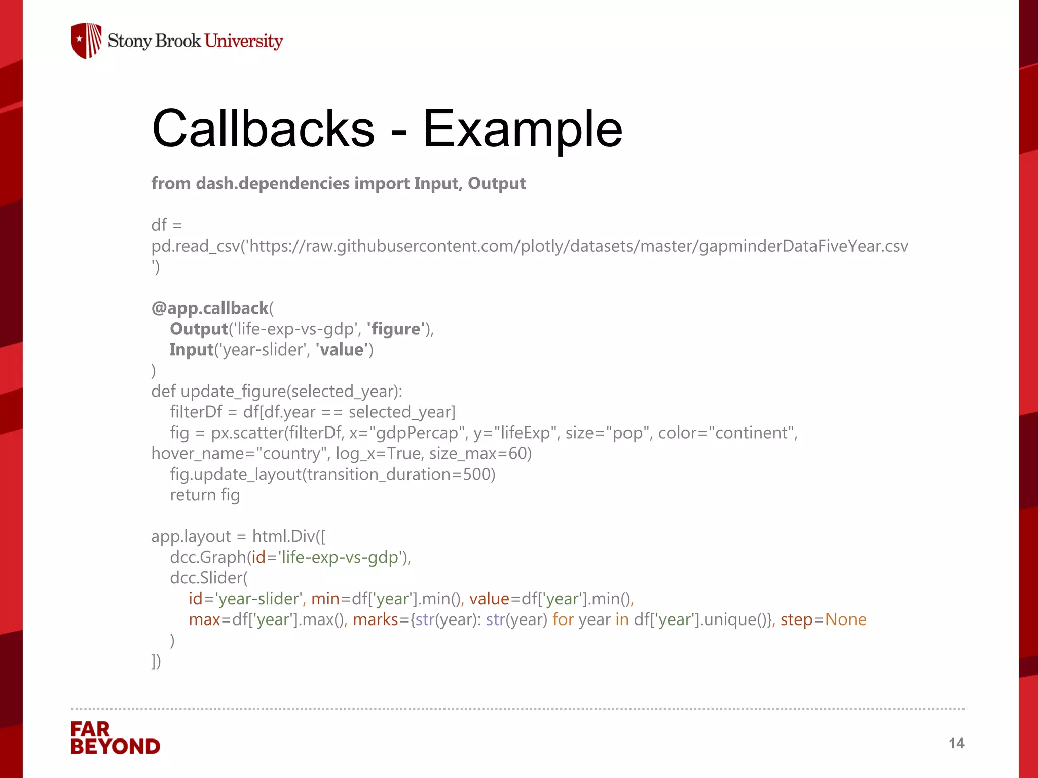 ‘
Callbacks - Example
from dash.dependencies import Input, Output
df =
pd.read_csv('https://raw.githubusercontent.com/plotly/datasets/master/gapminderDataFiveYear.csv
')
@app.callback(
Output('life-exp-vs-gdp', 'figure'),
Input('year-slider', 'value')
)
def update_figure(selected_year):
filterDf = df[df.year == selected_year]
fig = px.scatter(filterDf, x="gdpPercap", y="lifeExp", size="pop", color="continent",
hover_name="country", log_x=True, size_max=60)
fig.update_layout(transition_duration=500)
return fig
app.layout = html.Div([
dcc.Graph(id='life-exp-vs-gdp'),
dcc.Slider(
id='year-slider', min=df['year'].min(), value=df['year'].min(),
max=df['year'].max(), marks={str(year): str(year) for year in df['year'].unique()}, step=None
)
])
14
 