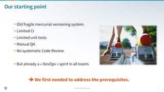 Our starting point
• Old fragile mercurial versioning system.
• Limited CI
• Limited unit tests
• Manual QA
• No systemati...