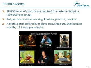 10 000 h Model
 10 000 hours of practice are required to master a discipline.
Controversial model.
 But practice is key to learning. Practice, practice, practice.
 A professional poker player plays on average 100 000 hands a
month / 17 hands per minute.
12
 